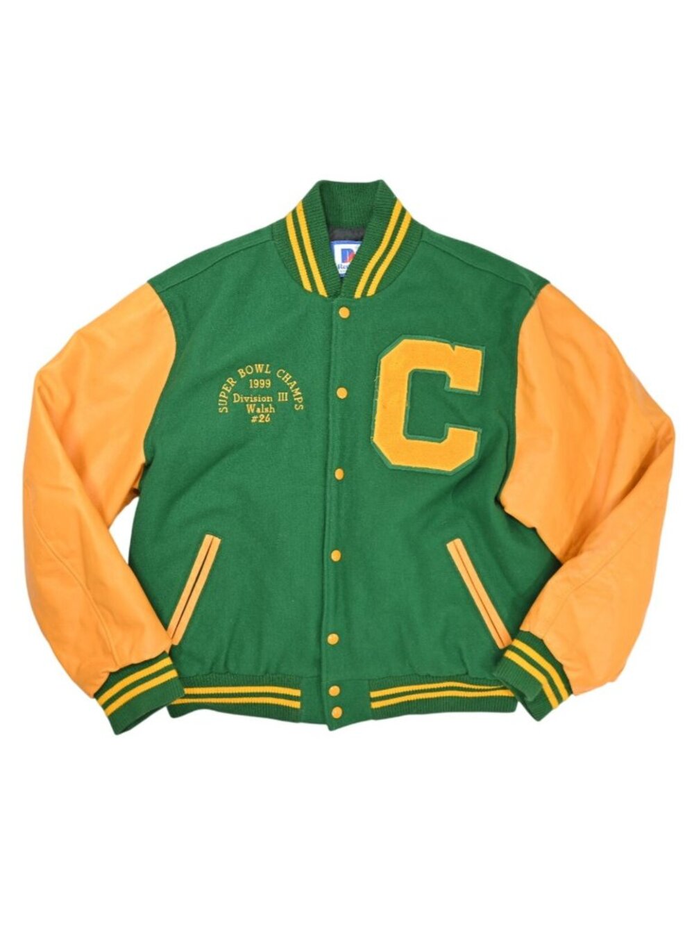Rennoc Vintage Super Bowl Champs Varsity Jacket in Green/Yellow